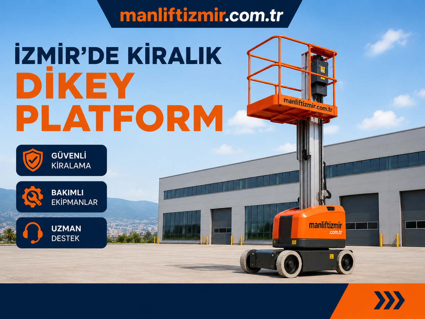 Bu görsel, manliftizmir.com.tr için hazırlanmış İzmir dikey platform kiralama tanıtım görselidir. Görselde iç ve dış mekan kullanıma uygun, kompakt yapılı dikey platform yer almaktadır. İzmir’de kiralık dikey platform, manlift kiralama, platform kiralama ve yüksekten güvenli çalışma çözümlerini tanıtmak amacıyla kullanılabilir.
